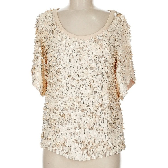 French Connection Cream Ivory Sequin Embellished Ruffled Blouse Size 6 Small S - Picture 1 of 7